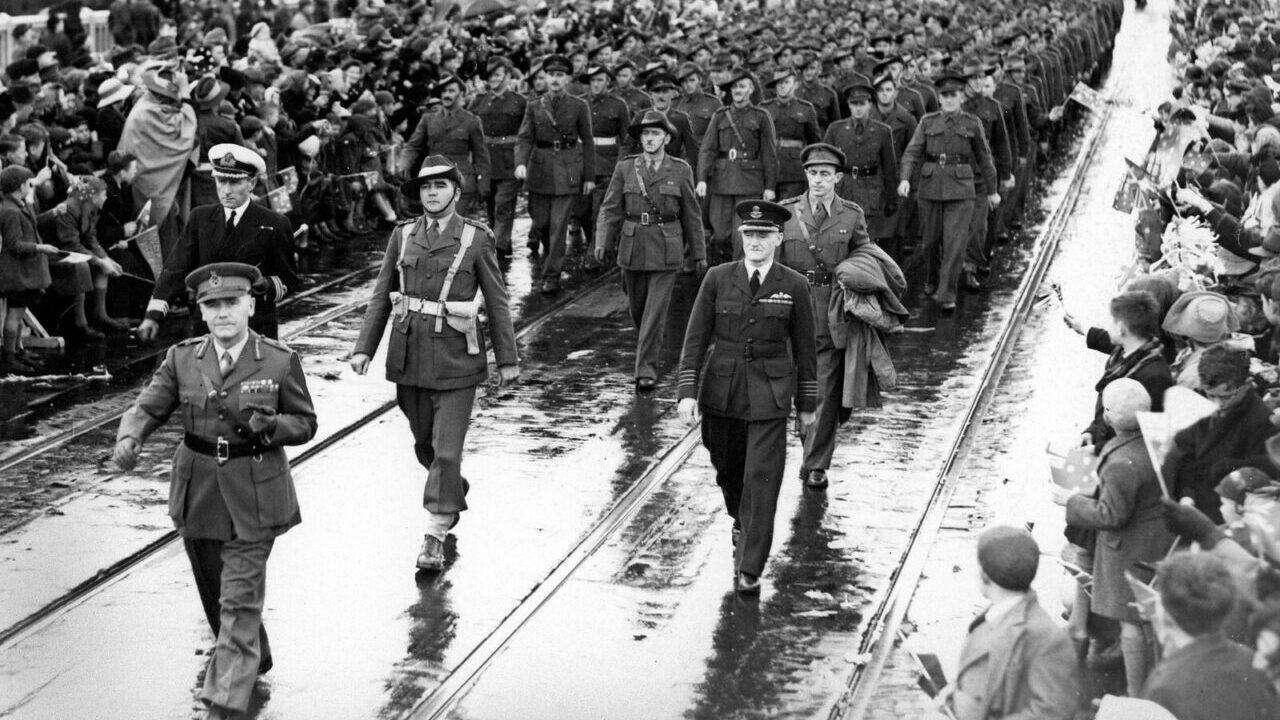 Historic images of soldiers marching