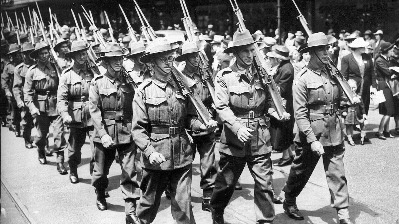 Historic images of soldiers marching